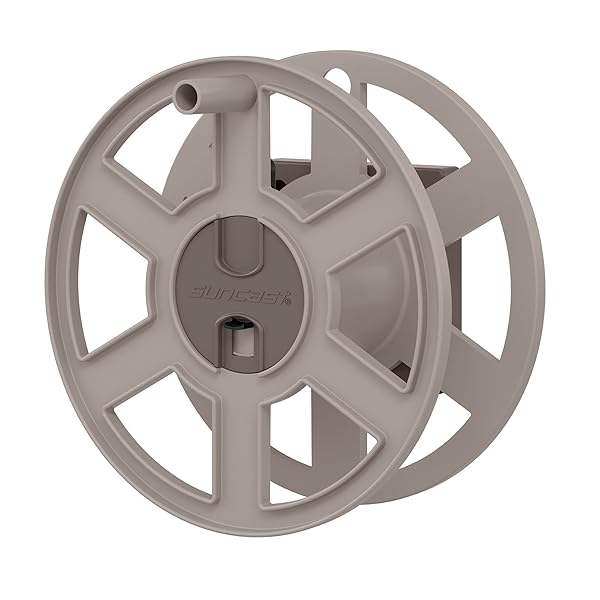 SUNCAST 100 FT GARDEN HOSE HOLDER WALL MOUNT, TAUPE HEAVY-DUTY WALL MOUNTED WATER HOSE REEL FOR OUTSIDE USE, MANUALLY RETRACTABLE SIDEWINDER, OPEN SPACE-SAVING STORAGE, MADE IN THE USA