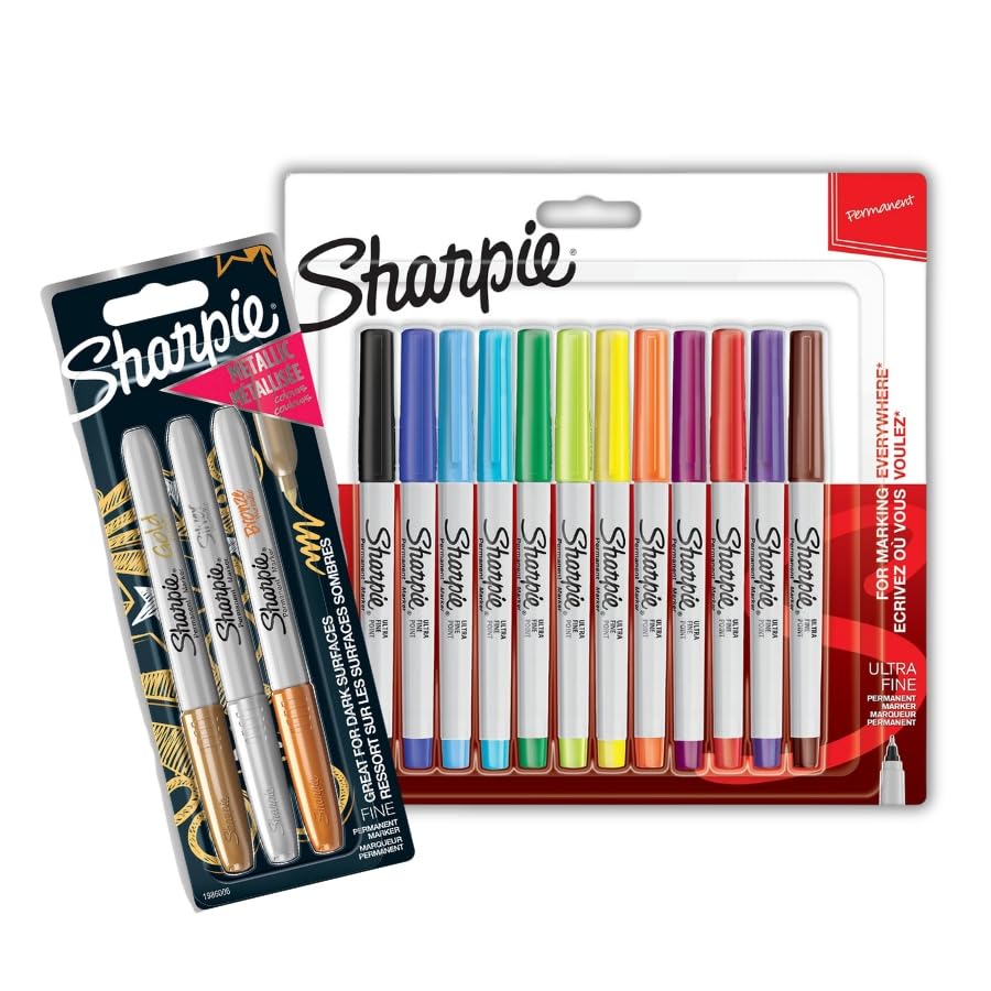 Sharpie Permanent Markers Ultra Fine Point (12-Pack) & Metallic Permanent Markers Fine Point (3-Pack) – Bold, Long-Lasting, Waterproof Ink for Paper, Plastic, and Metal