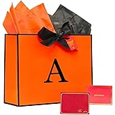 Personalized Initial Birthday Gift Bag for Women with Tissue Paper and Card,Thanksgiving Wedding Mom Paper Bag with Bow Ribbon Monogram Bridal Party Favor Anniversary Bag(Orange Black,Letter A)