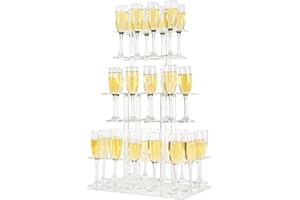 Laumffon Champagne Tower, Rectangle Acrylic Champagne Display Rack Stand with 32 Slots, 3 Tier Floating Sight Champagne Flute Holder for Party, Wedding, School, Celebration, 17.3x11.8x25.5inch