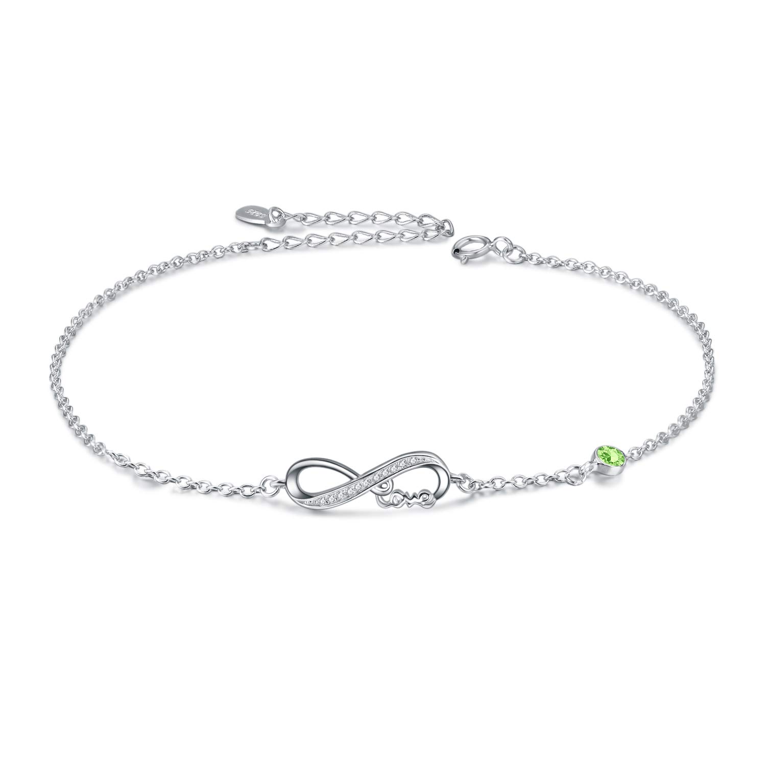 AOBOCO 925 Sterling Silver Infinity Bracelet with Birthstone Crystals, Birthday Gifts for Her Girlfriend Wife (8-August-Simulated Peridot)