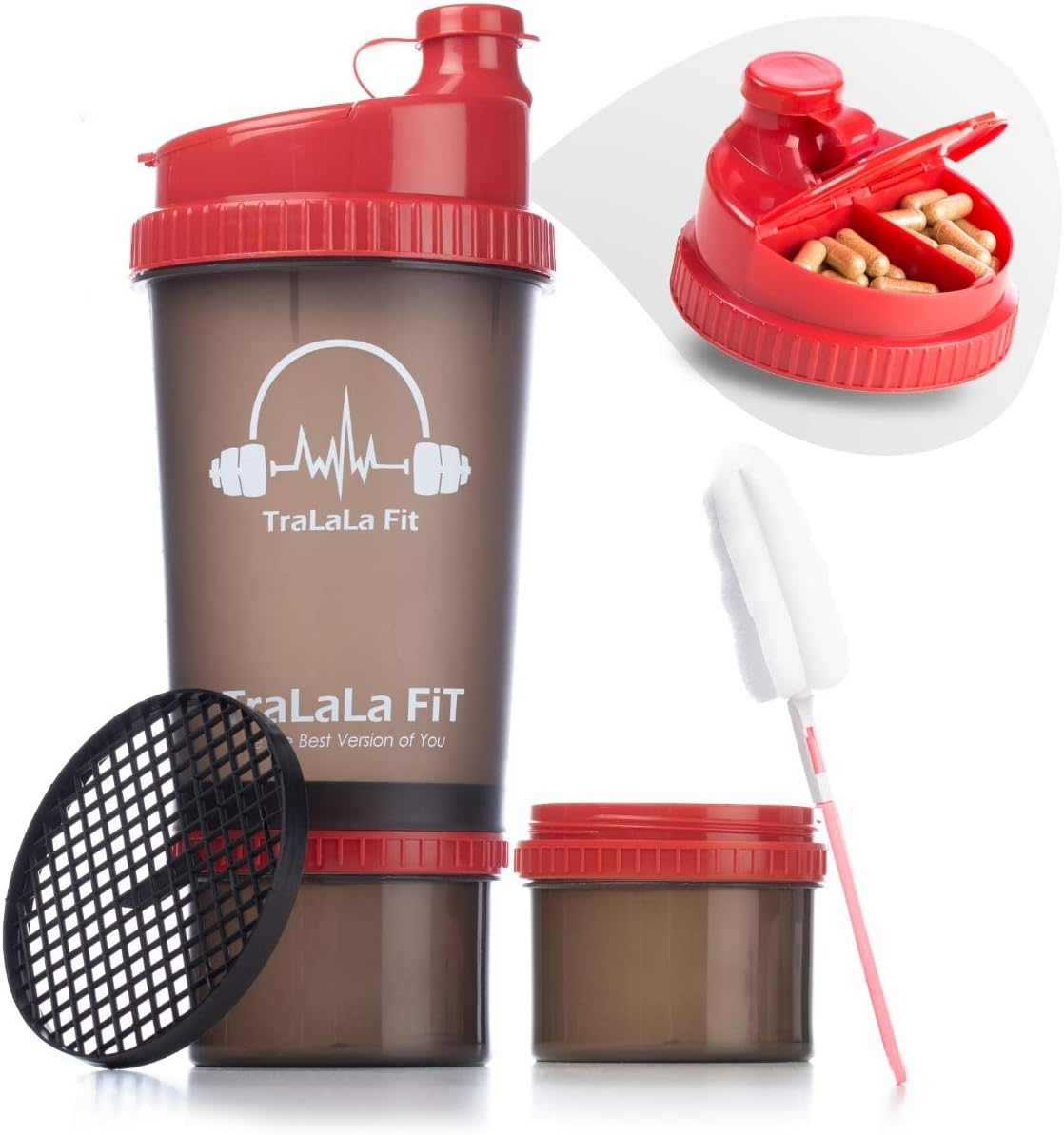 TraLaLa Fit ProStak Shaker Bottle - 24oz 3 in 1 and Clean Brush, Protein Shaker Cup with Mesh, BPA Free, Attachable Storage Containers-Pill Organiser Cap, Gym Shaker, Nutrition Shaker, Shaker (Black)