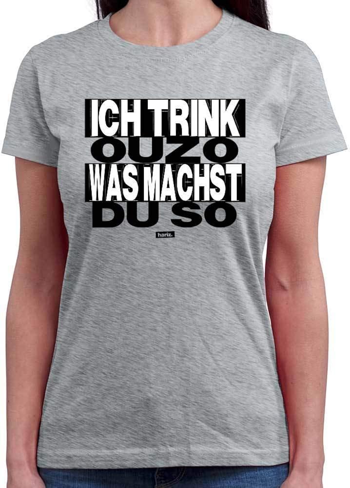 HARIZ Damen TShirt Rundhals Ich Trink Ouzo was Machst Du So Sprüche Schwarz Weiß Plus
