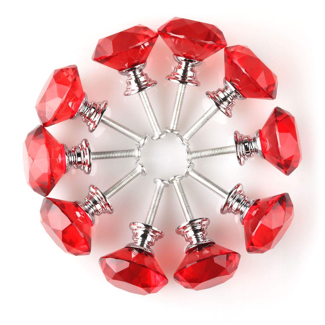 Sourcingmap Diamond Shape Crystal Glass 30mm Kitchen Cabinet Door Drawer Knob Cupboard Dresser Wardrobe Pull Handle with Screws, 10pcs Red