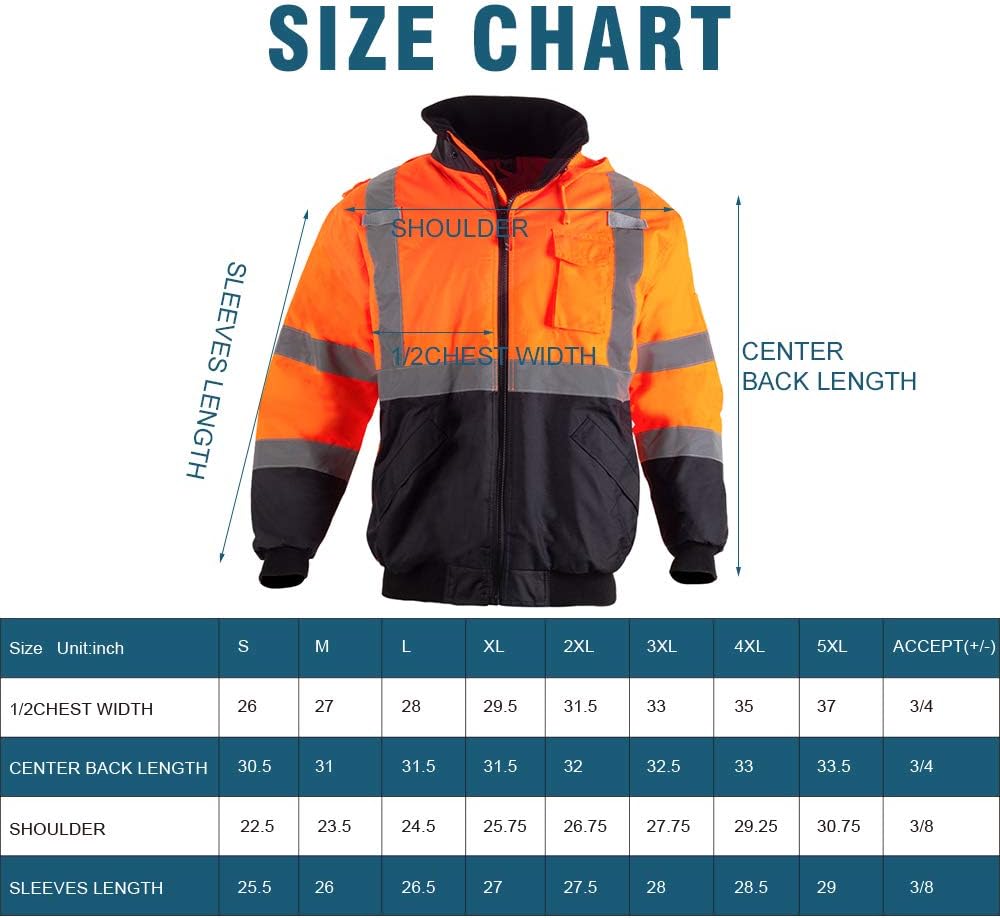 Men's ANSI Class 3 Hi Vis Safety Bomber Jacket Concealed Hood Waterproof Full Zip Padding Work Jacket Black Bottom(3XL, Orange): Home Improvement