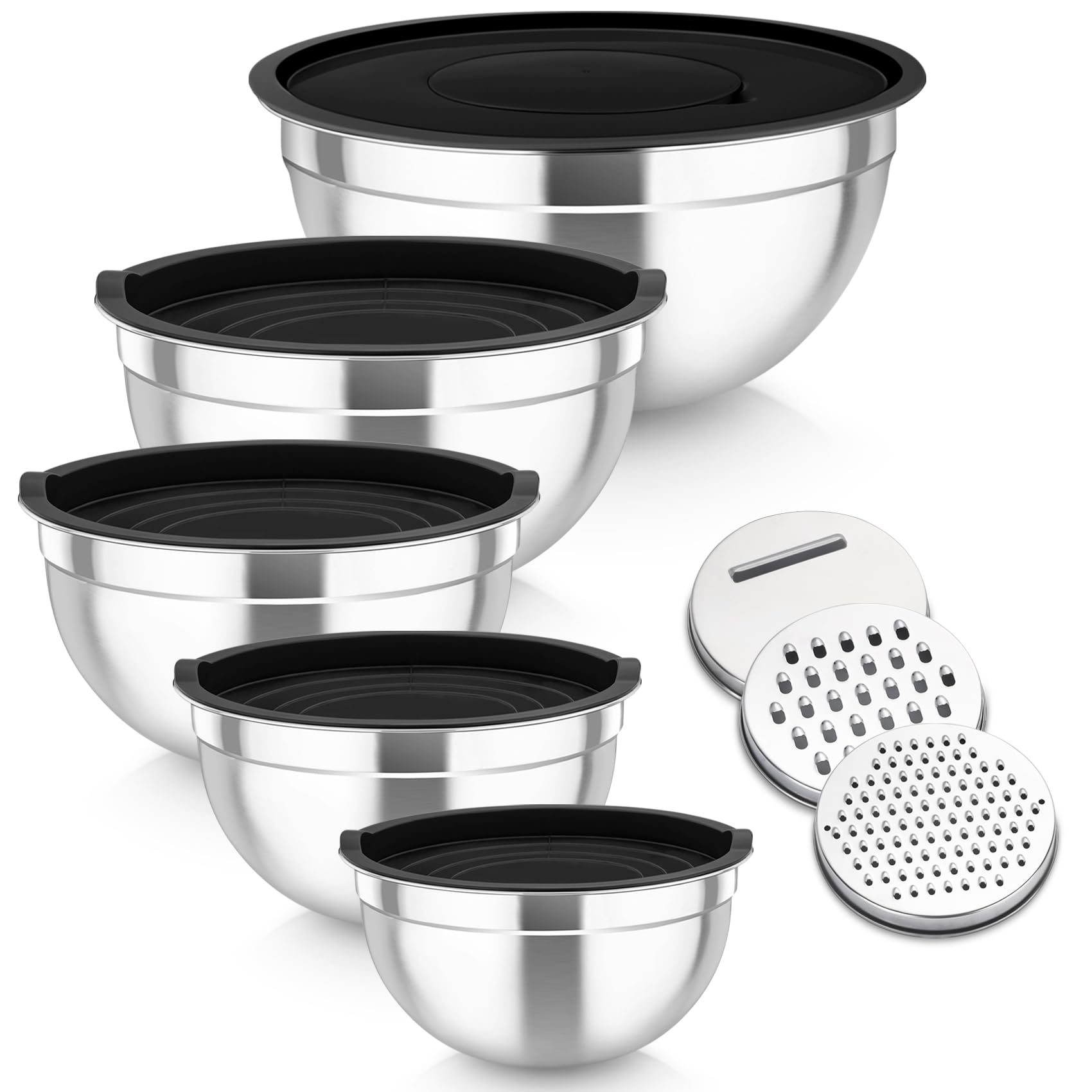 Homikit Mixing Bowls Set of 5, Stainless Steel Salad Bowls with Airtight Lids & 3 Grates, Metal Nesting Bowls for Mixing/Baking/Serving/Storing, Easy Clean - 0.7/1/1.5/2.6/4.6L (Black)