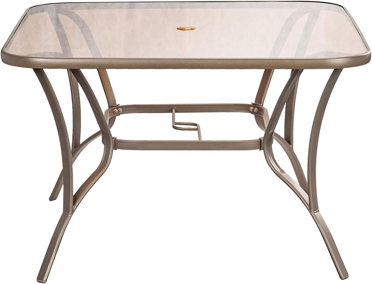 40" Outdoor Patio Dining Table Metal Square Bistro Coffee Table Furniture, Golden Brown Tempered Glass Top with Umbrella Hole: Kitchen & Dining