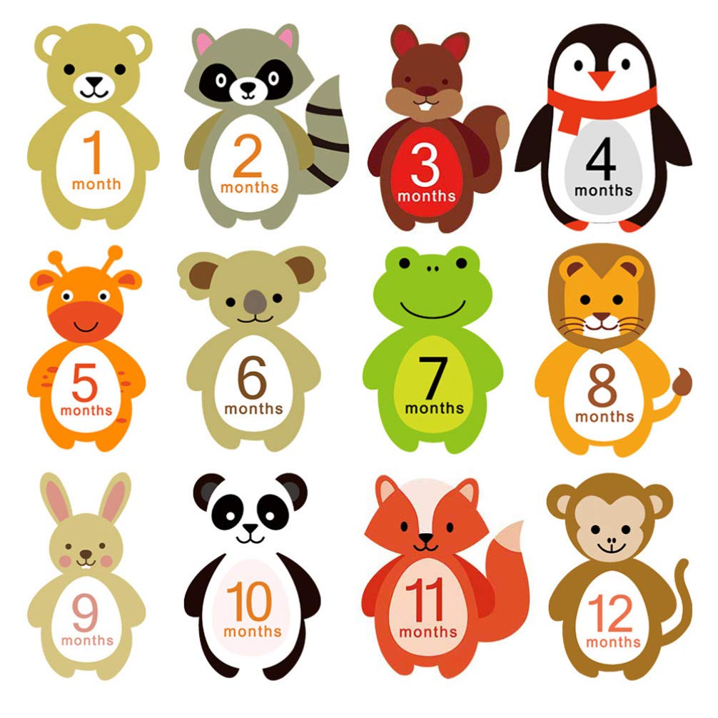12 Sheets Baby Monthly Stickers Self Adhesive Cartoon Animal Milestone Belly Decal Scrapbook Photo Sticker Shower Registry for Infant