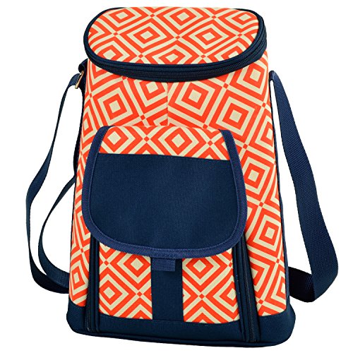 Picnic at Ascot Stylish 2 Bottle Insulated Wine Tote Bag with Cheese Board, Knife and Corkscrew - Orange/Navy