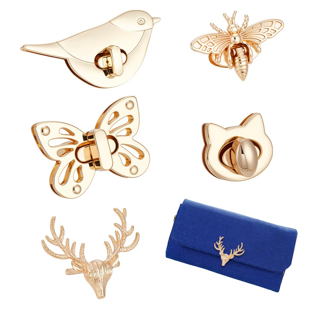 PandaHall 5 Sets Alloy Bag Lock Animal Twist Lock Light Gold Tuck Lock Bag Clasp Accessories for Leather Bag DIY