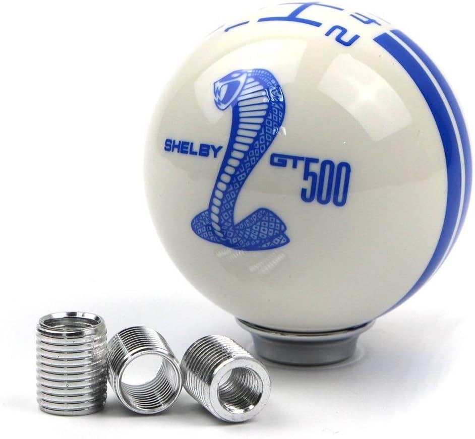 MAX WHOLESALE Mustang Shelby GT 500 Cobra 5 Speed Stick Gear Shift Knob Lever Shifter Cover For Ford Mustang (White with Blue Trim)
