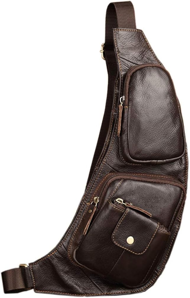 Xieben Vintage Leather Sling Chest Shoulder Bag Pack for Men Women Travel Outdoor Motorcycle Bike Shoulder Messenger Crossbody Pack Backpack Daypack Coffee