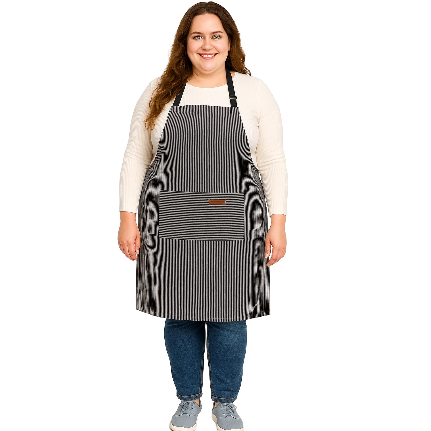 Urby Kitchen Cooking Aprons for Women with Pockets Plus Size, Ideal For XL XXL or Waist W38+. Extra Large and Long Also Fits Big and Tall Men, or Use As Full Coverage Apron. (Black White)