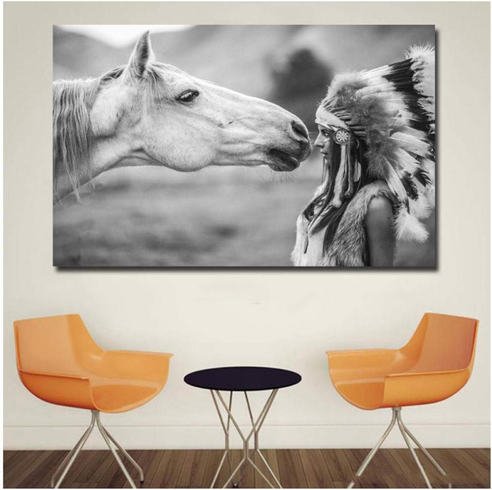 Amazon Co Jp 黒と白のキャンバス絵画ネイティブアメリカンインディアンガール北欧フェザーウォールアートポスター印刷用リビングルーム家の装飾60 96センチなしフレーム ホーム キッチン