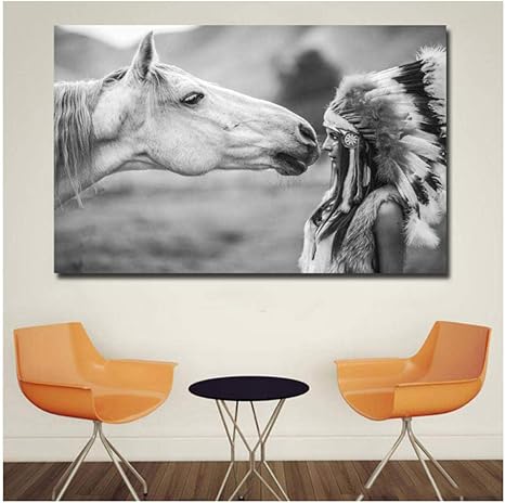 Amazon Co Jp 黒と白のキャンバス絵画ネイティブアメリカンインディアンガール北欧フェザーウォールアートポスター印刷用リビングルーム家の装飾60 96センチなしフレーム ホーム キッチン