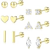TOBENY Flat Back Earrings for Women Hypoallergenic Surgical Steel Stud Earrings Stacks for Sensitive Ears Small 6 Pairs 14K Gold Plated Tragus Cartilage Helix Piercing Jewelry for Multiple Piercing