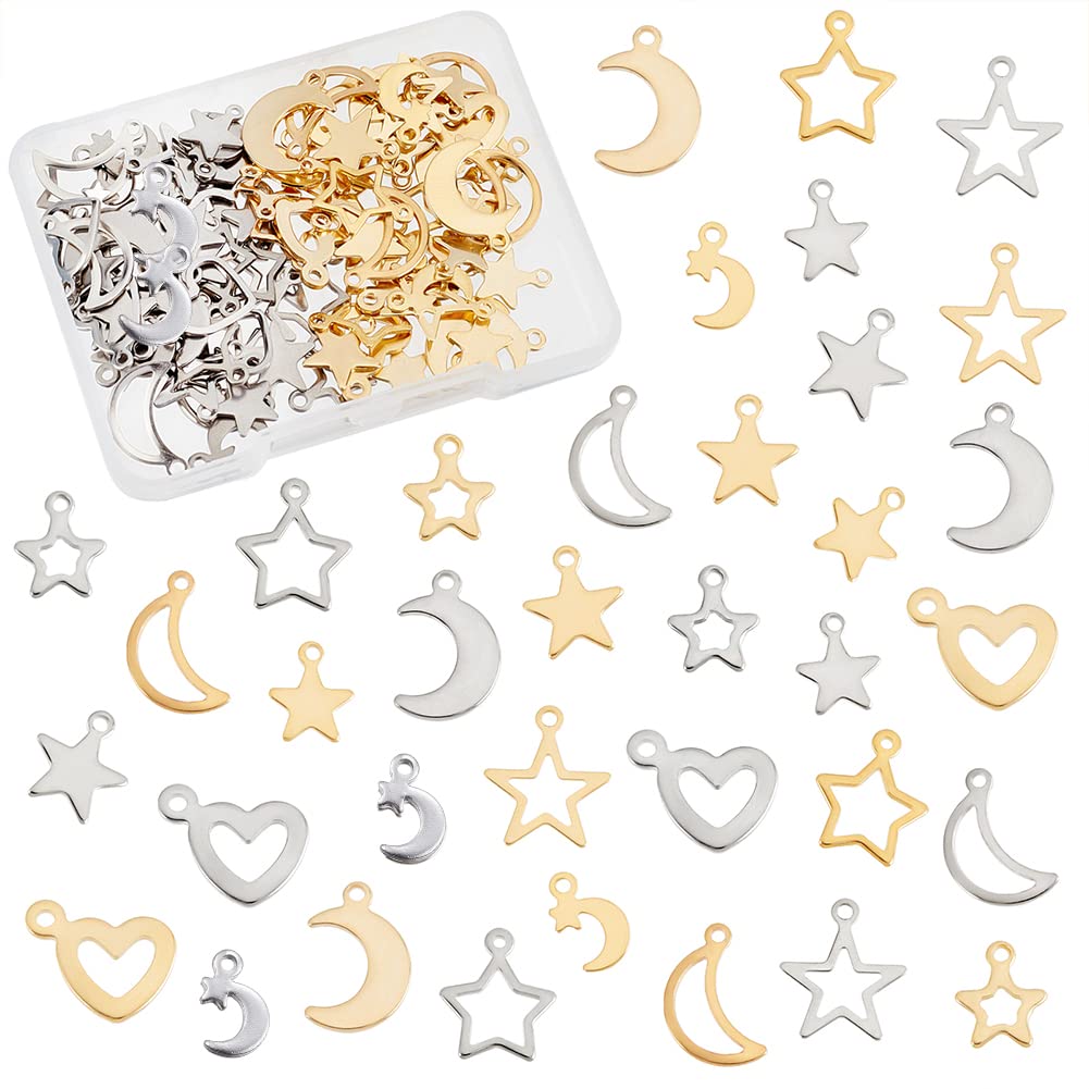 PH PandaHall 18 Styles Moon Charm 108pcs Ramadan Star Charms Stainless Steel Heart Charms for Mother's Day Wedding Eid Mubarak Jewellery Necklace Bracelet Earrings Christmas