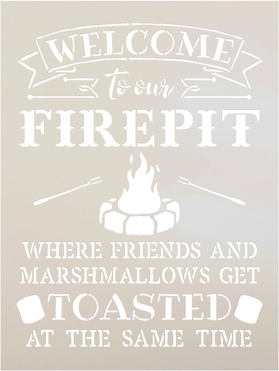 Welcome to Our Firepit Stencil by StudioR12 | Rustic and Fun - Reusable Mylar Template | Painting, Chalk, Mixed Media | Crafting, DIY Home Decor