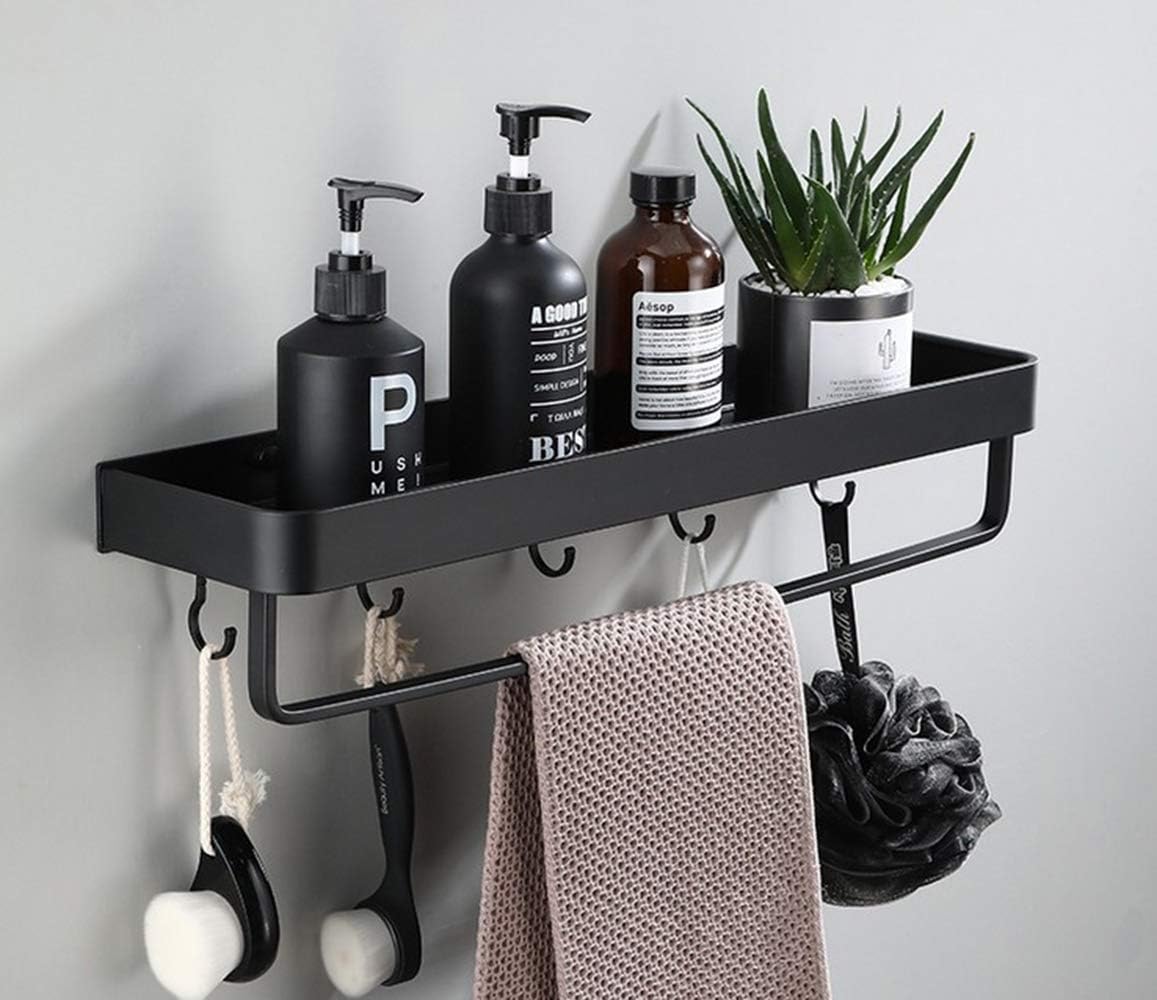 AJINGELA Wall Mounted Floating Metal Storage Rack,Black Bathroom Shelf Wall Mount Shelves Ledge Space Saving Rustproof Extra Strong Floating Shelves Storage Rack with 6 Hooks and Bar(40cm)