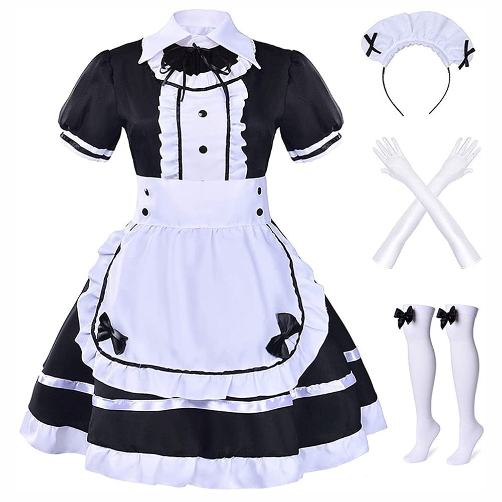 Alaiyaky Maid Dress Costume, French Maid Outfits for Women, 8Pcs Maid Cosplay Gothic Fancy Dress with Headwear Stockings Gloves Apron, Maid Dress Up for Halloween Carnival Masquerade (Type A, S)