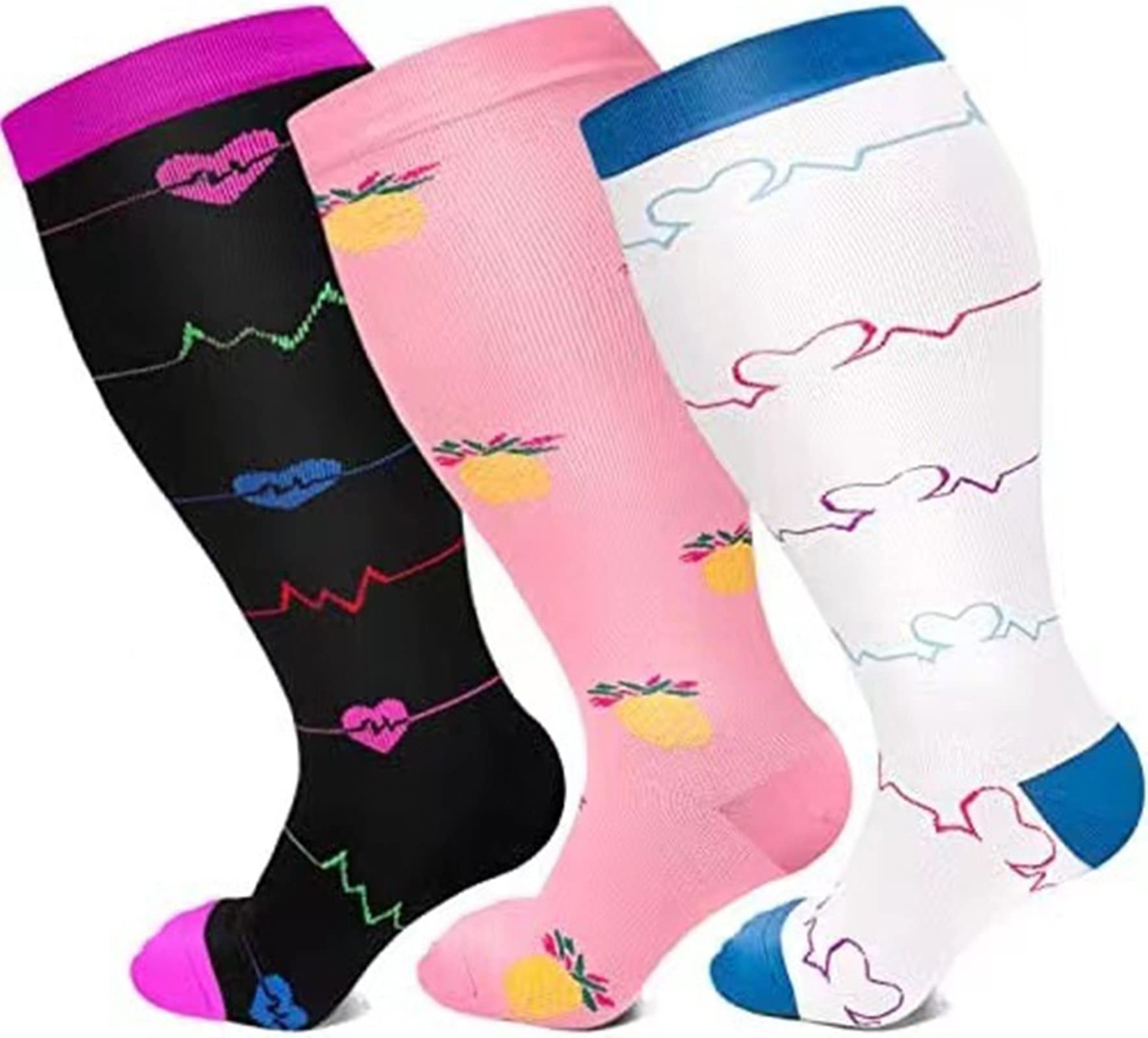 Cheeroyal 3 Pack Plus Size Compression Socks for Women and Men, 20-30mmhg Extra Large Wide Calf Knee High Stockings for Circulation Support (3XL, set1)