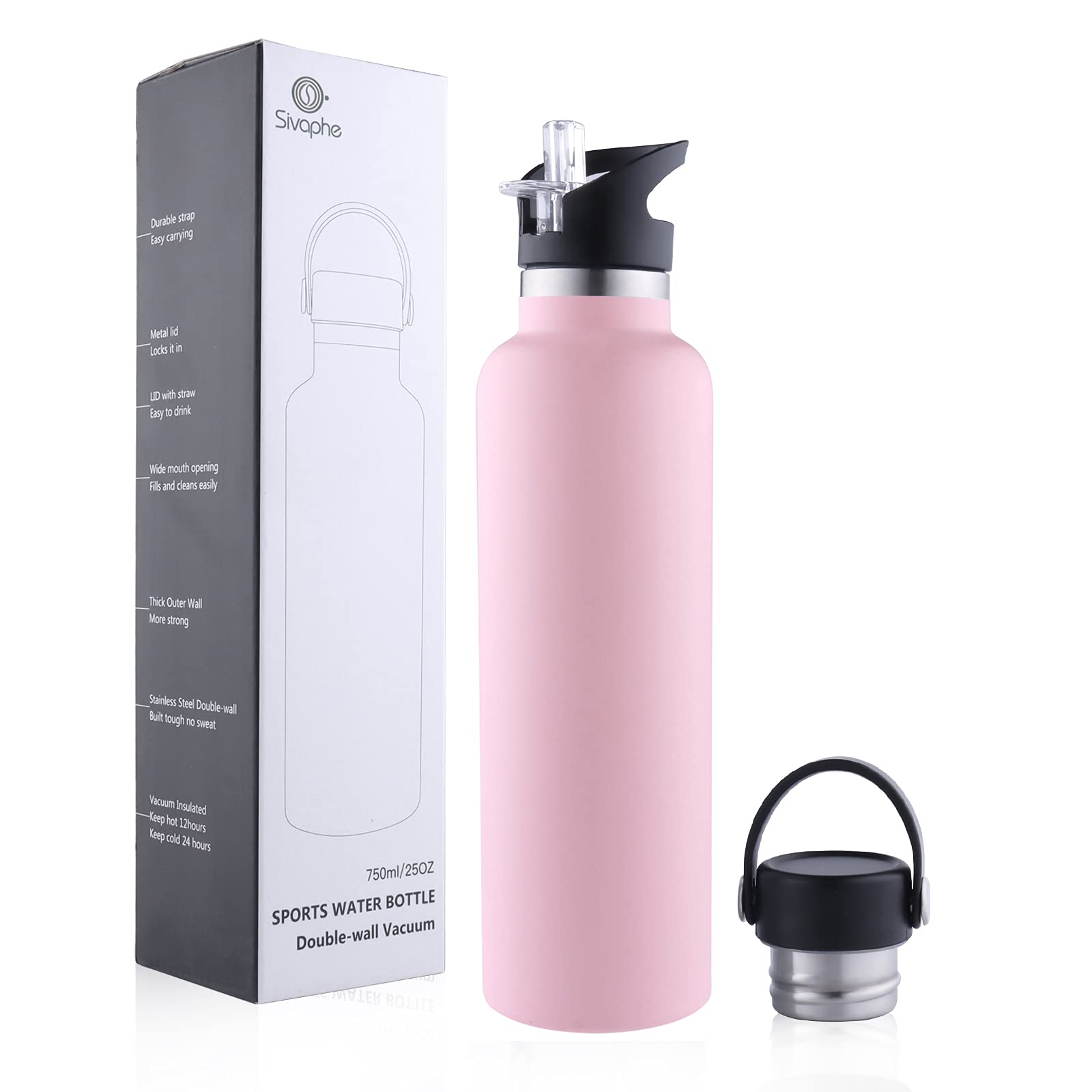 Sivaphe Water Bottle Insulated Bottle Drink Flasks Leak-Proof for Sports Outdoor Stainless Steel, Double Walled Vacuum with Lids and Straw 750ml Pink