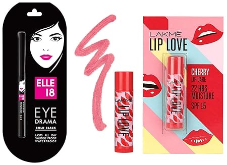 Elle 18 Eye Drama Kajal, Bold Black, 0.35g & Lakme Lip Love Chapstick Cherry, 4.5 g