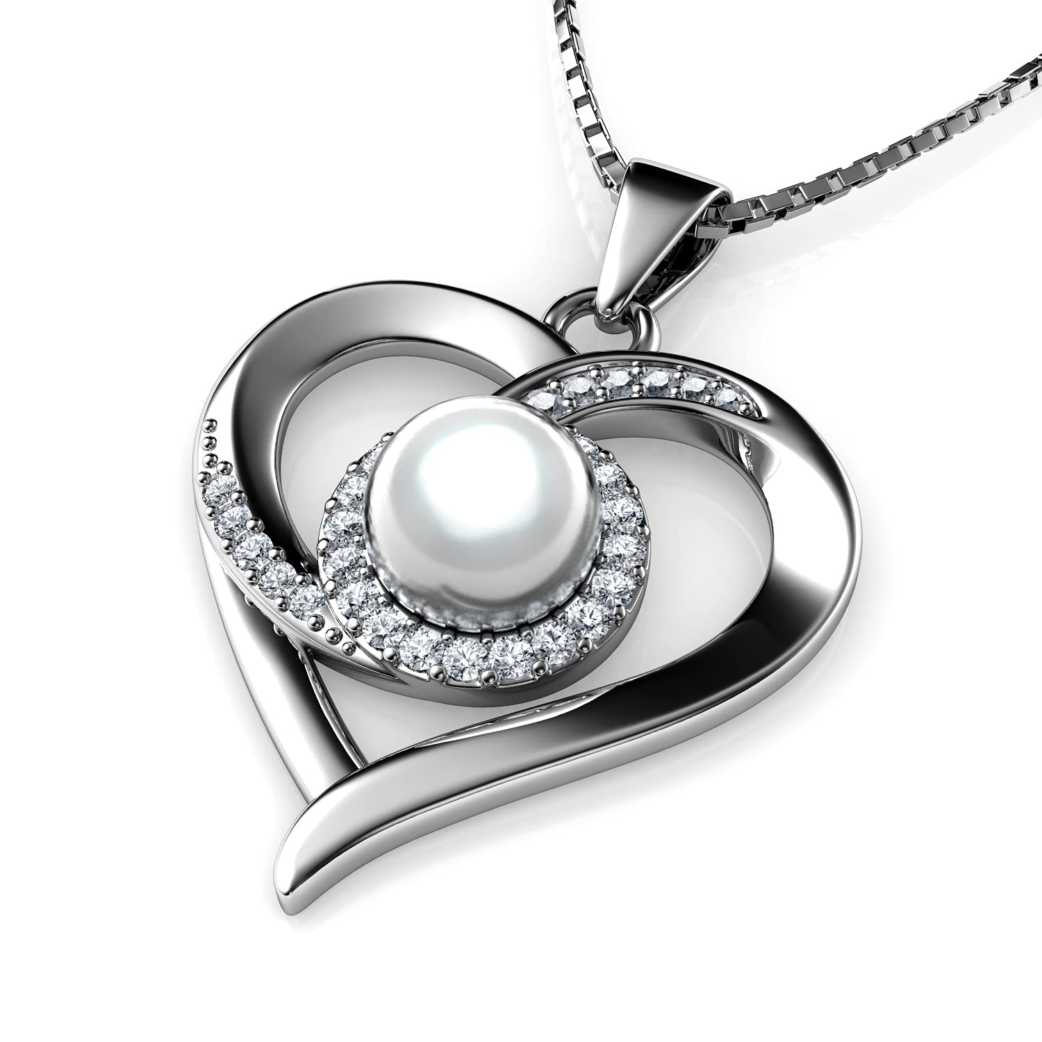 DEPHINI - Real Pearl Necklace - 925 sterling silver Heart Pendant - Cubic Zirconia - Rhodium Plated Jewellery for Women (Pearl heart 4)