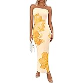 PRETTYGARDEN Women Summer Strapless Maxi Dress Bodycon Floral Sexy Long Wedding Guest Dress Formal Tube Mesh Cocktail Dresses