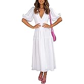 Woolicity Womens Summer Maxi Dress Wrap V Neck Short Sleeve Beach Flowy Long Dresses White XL