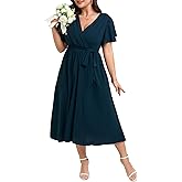 SHESTARR Womens Plus Size Dress Wedding Guest Cocktail Pleated V Neck Faux Wrap V Neck Flowy A Line Midi Dresses with Belt