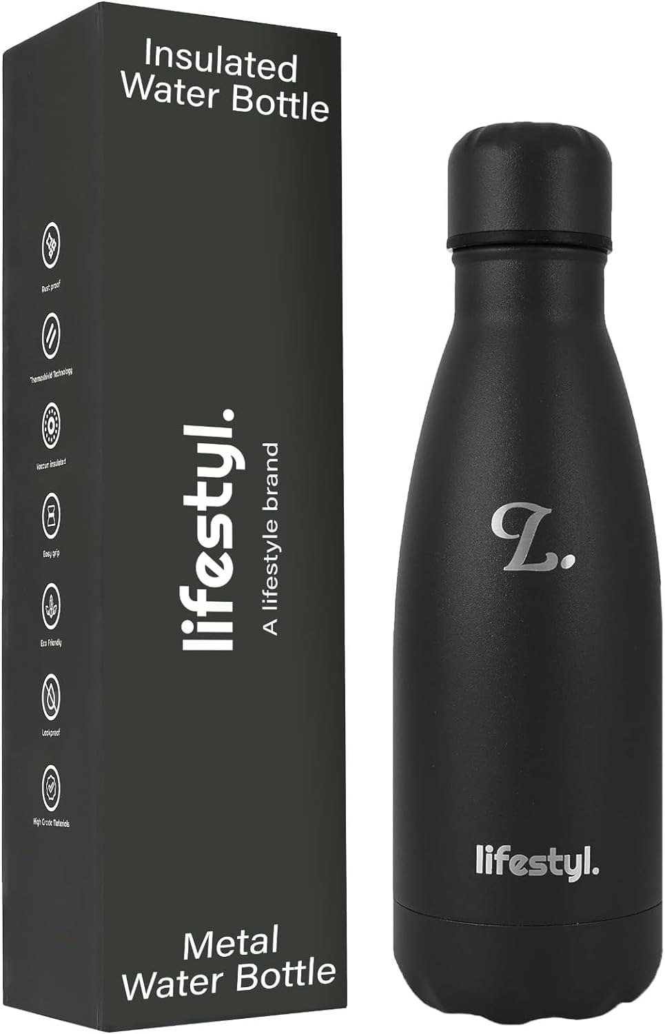 Lifestyl Stainless Steel Water Bottle | 24 Hrs Cold & 12 Hrs Hot| Thermoshield Technology Vacuum Insulated Metal Water Bottles, Leak-Proof Drinks Bottle for Gym (Black, 1000 ml)