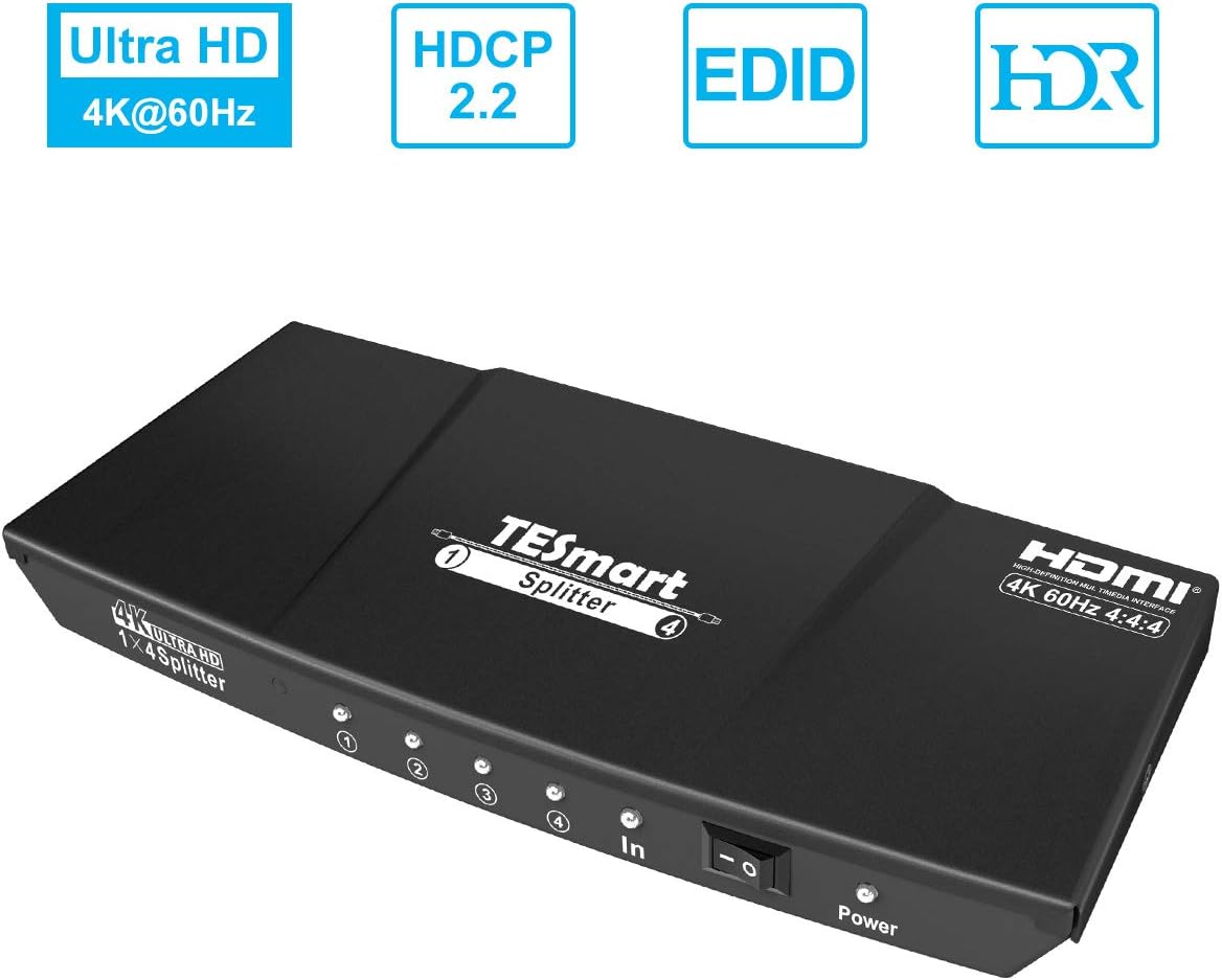 TESmart 1x4 HDMI Splitter 4K@60Hz 4 Way HDMI Splitter 1 In 4 Out Switcher Support 4K@60Hz HDCP 2.2 1080P 3D EDID Compatible with Xbox One/PS4/Sky Box/Fire Stick/DVD Player-Matte Black