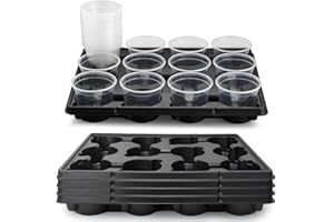RooTrimmer 12 Cell Round Nursery Pots Trays (Black + Clear, 4 Inch 60 Pack Pots with 5 Pack Trays)
