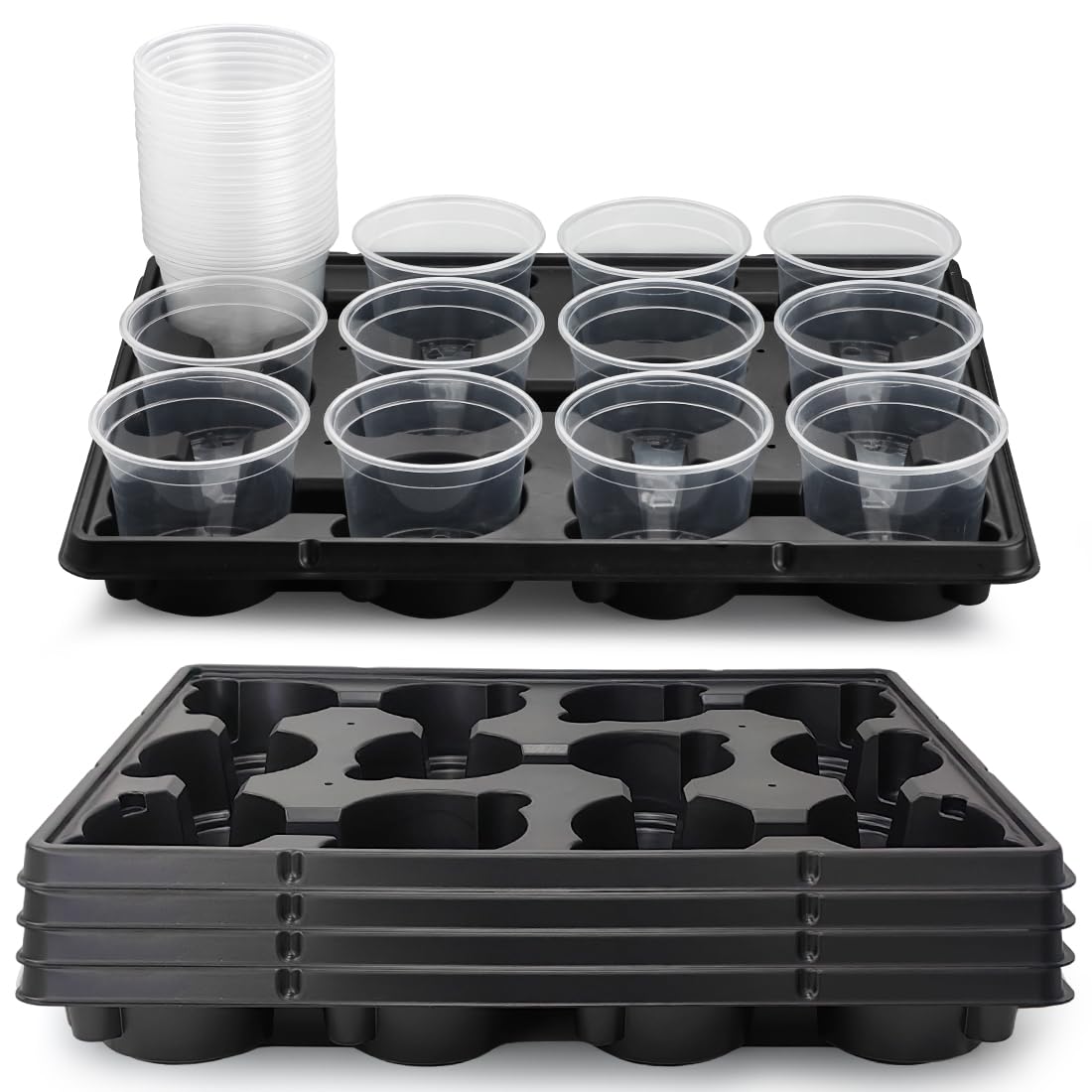 Photo 1 of RooTrimmer 12 Cell Nursery Pot Trays 5 Pack with 4 Inch Clear Plant Pots 60 Pack, Thick Sturdy Seeds Starting Germination Shuttle Carrying Trays, Black Small Planter Nursery Propagation 5 Sets