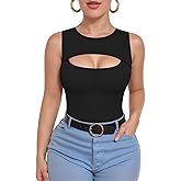 ALGALAROUND Sleeveless Tank Tops for Women Cut Out Front Ribbed Tshirt Crew Neck Casual Shirt