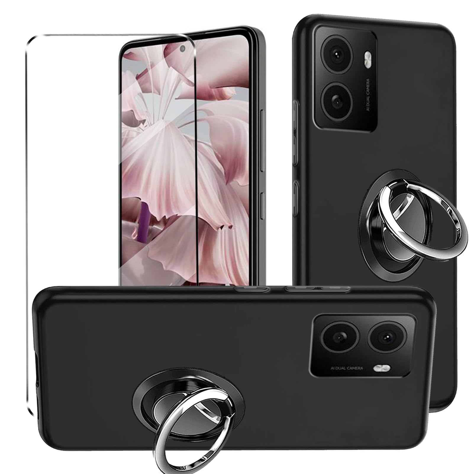 3-in-1 Case + Phone holder Ring For HMD Pulse Plus/ HMD Pulse Pro / HMD Pulse Cover with 1 Pack Tempered Glass Screen Protector Slim Fit Soft TPU Shockproof Anti-Scratch Phone Case Cover - Black