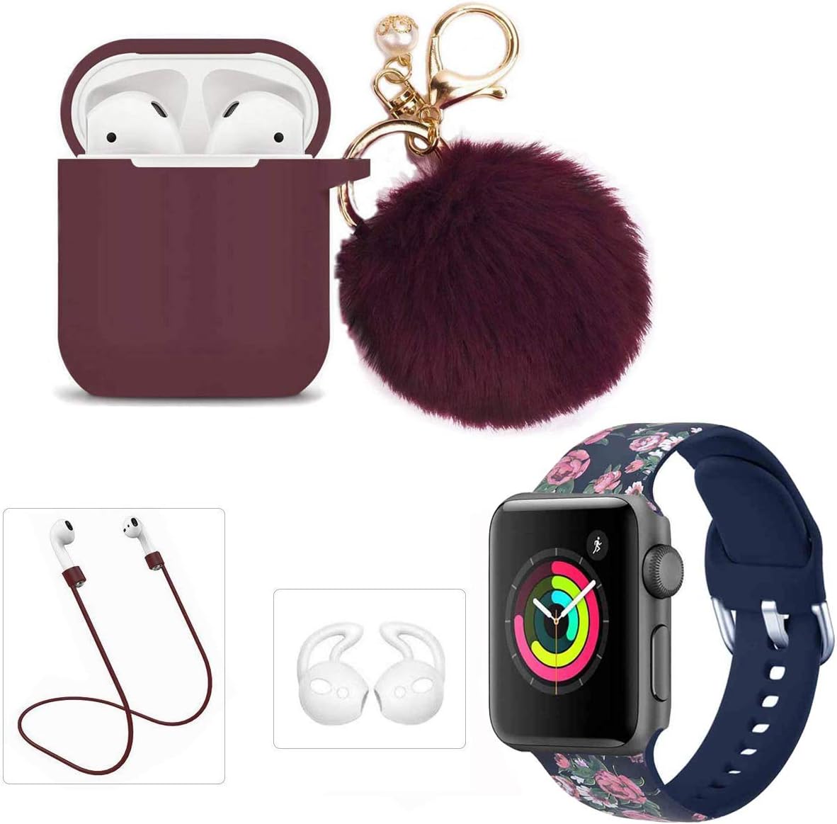 Airpods Case and Apple Watch Band - LitoDream 5 in 1 Case Watch Band Compatible with Airpods Silicone Cute Cover Keychain for Apple Airpod iWatch (42mm/44mm S/M, Burgundy Case+Blue Floral Watch Band)
