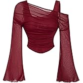 BEAUDRM Women's Y2K Off The Shoulder Tops Long Bell Sleeve Mesh Shirt Ruched Crop Top Rave Clubwear