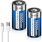 Rechargeable D Size USB Batteries 15000mWh High Capacity 1.5V Lithium D Cell Battery with Type-C Charging Cable, 2 Pack