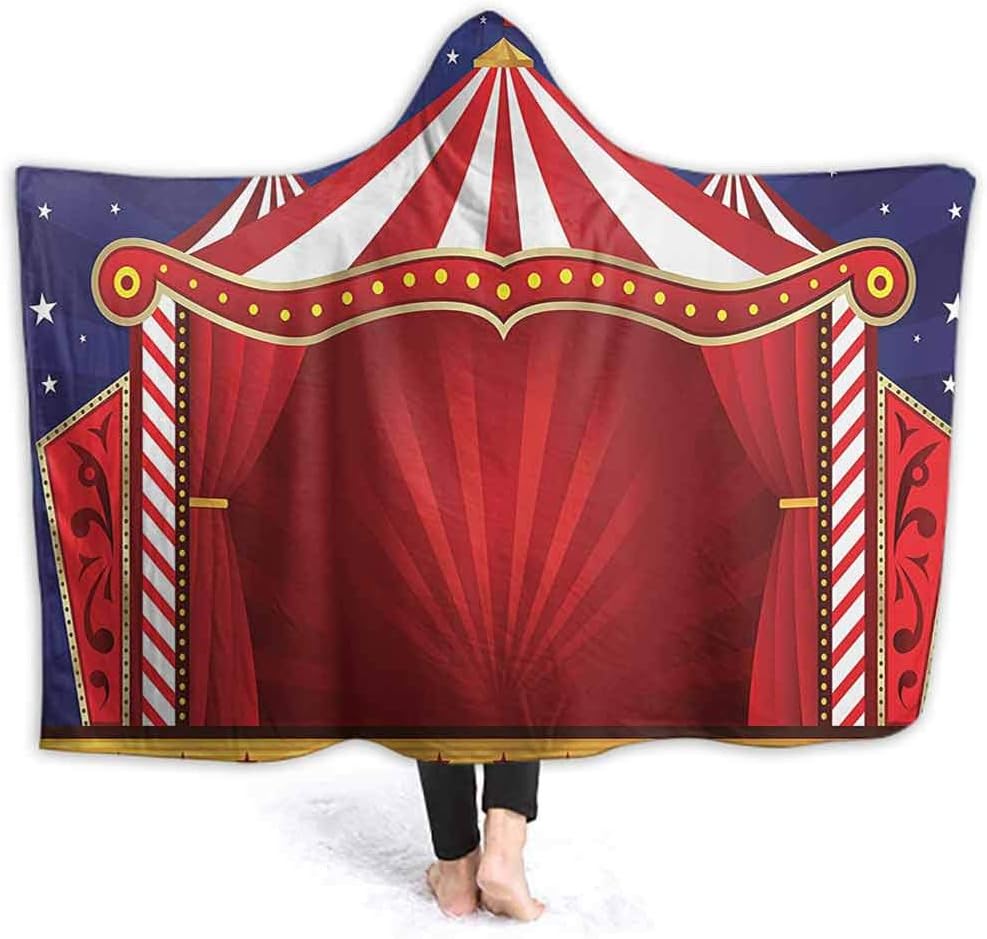 Red Circus Home Hooded Blanket Kids Size Canvas Tent Circus Stage Performing Theater Jokes Clown Cheerful Night Theme Print for Adult and Kids 60 x 50 Inch Navy Blue Red