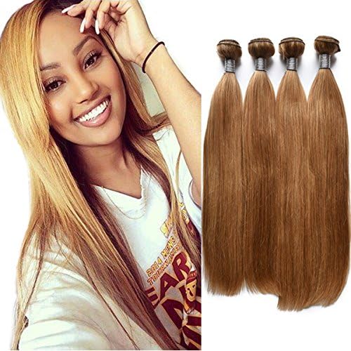QINGSI Hair Remy Honey Blonde #27 Straight Hair Bundles 9A Brazilian Unprocessed Virgin Silk Straight Weave Human Hair for Fashion Lady with Mixed Lengths 8"~30" 4 Bundles Total 400G (20.22.24.26)