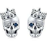 925 Sterling Silver Skull Stud Earrings Hypoallergenic Gothic Halloween Theme Party Skeleton Skull Pumpkin Grim Reaper Mummy Earrings for Men Women Christmas Father's Day, Mother's Day