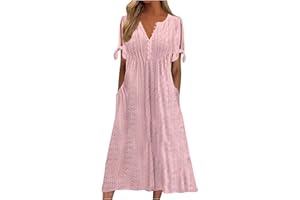 ROKIACDE Midi Dresses for Women Wedding Guest,Trendy Plus Size Button Up Short Sleeve Summer Sexy V Neck Cold Shoulder Dress
