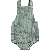 Sasaerucure Baby Cotton Linen Overalls Solid Color Sleeveless Square Neck Backless Romper for Boys Girls