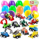12 Pcs Filled Easter Eggs with Toy Cars, 3.2â€ Bright Colorful Easter Eggs Prefilled with Pull Back Construction Vehicles and Race Cars