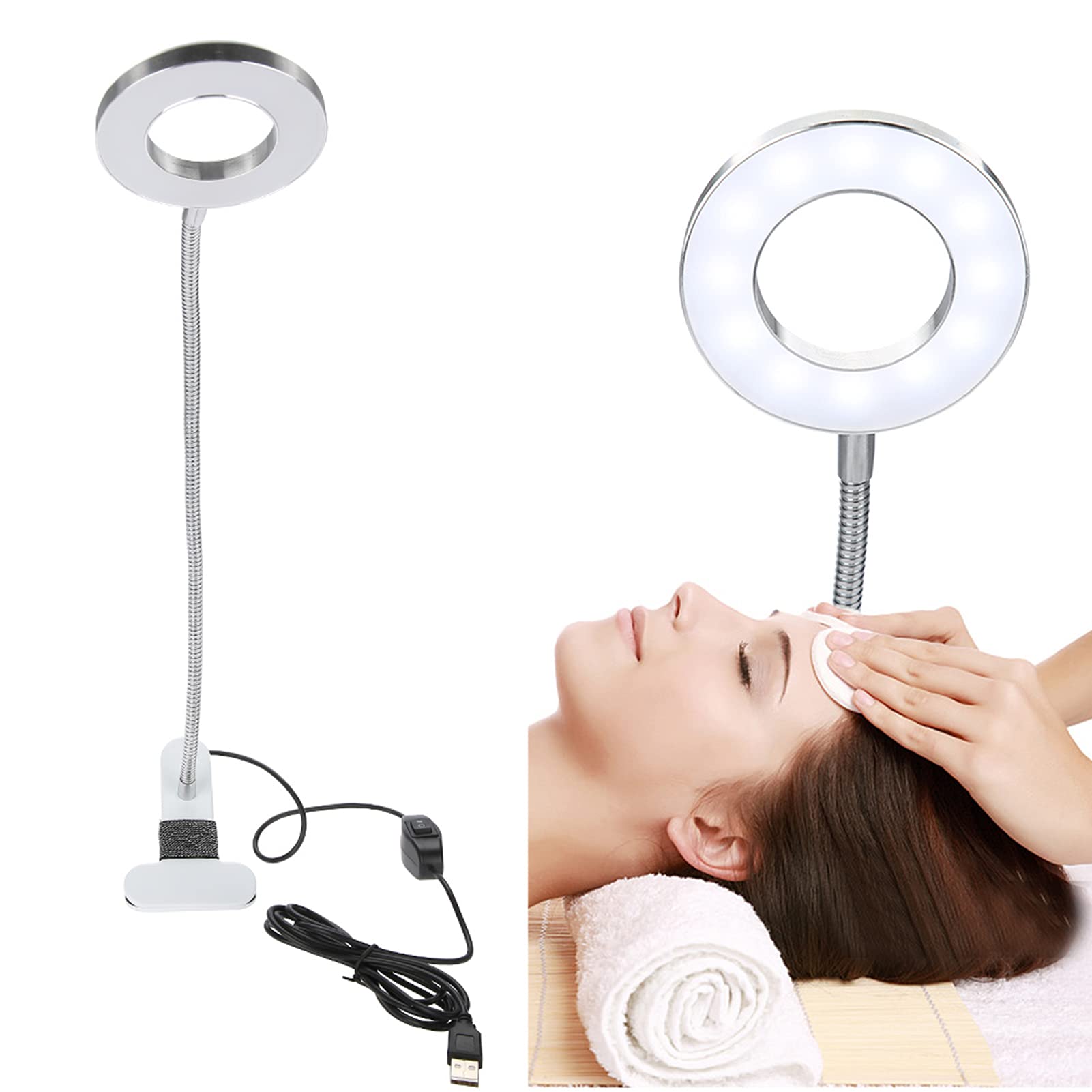 Clip on Lamp, USB Led Beauty Make Up Desk Light with Clamp, Adjustable Brightness, Lamp for Beauty Salon, Ring Light for Eyebrow Tattoo Eyelashes Nail Art Reading Study