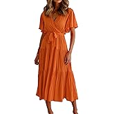 R.Vivimos Summer Dress for Women Cotton Ruffle Short Sleeves V Neck Casual Flowy Midi Dress with Belt