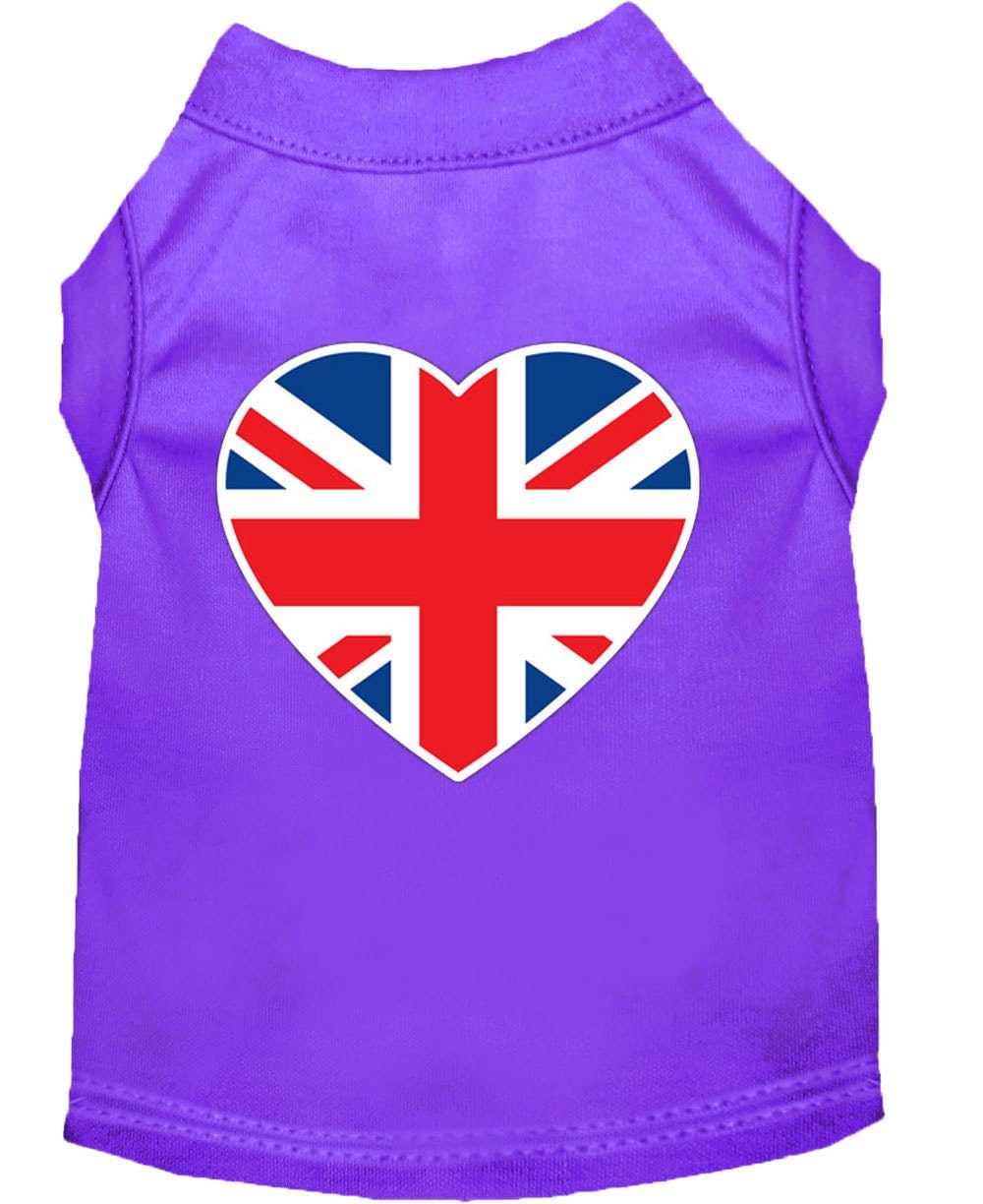 Mirage British Flag Heart Screen Print Dog Shirt, X-Small, Purple