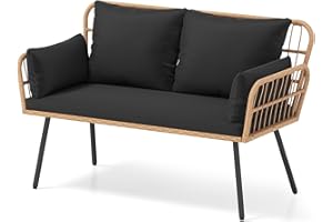 HAPPYGRILL Patio Loveseat Sofa Rattan Wicker 2-Seater Couch with Cushions & Lumbar Pillows, Metal Legs, Outdoor Furniture for